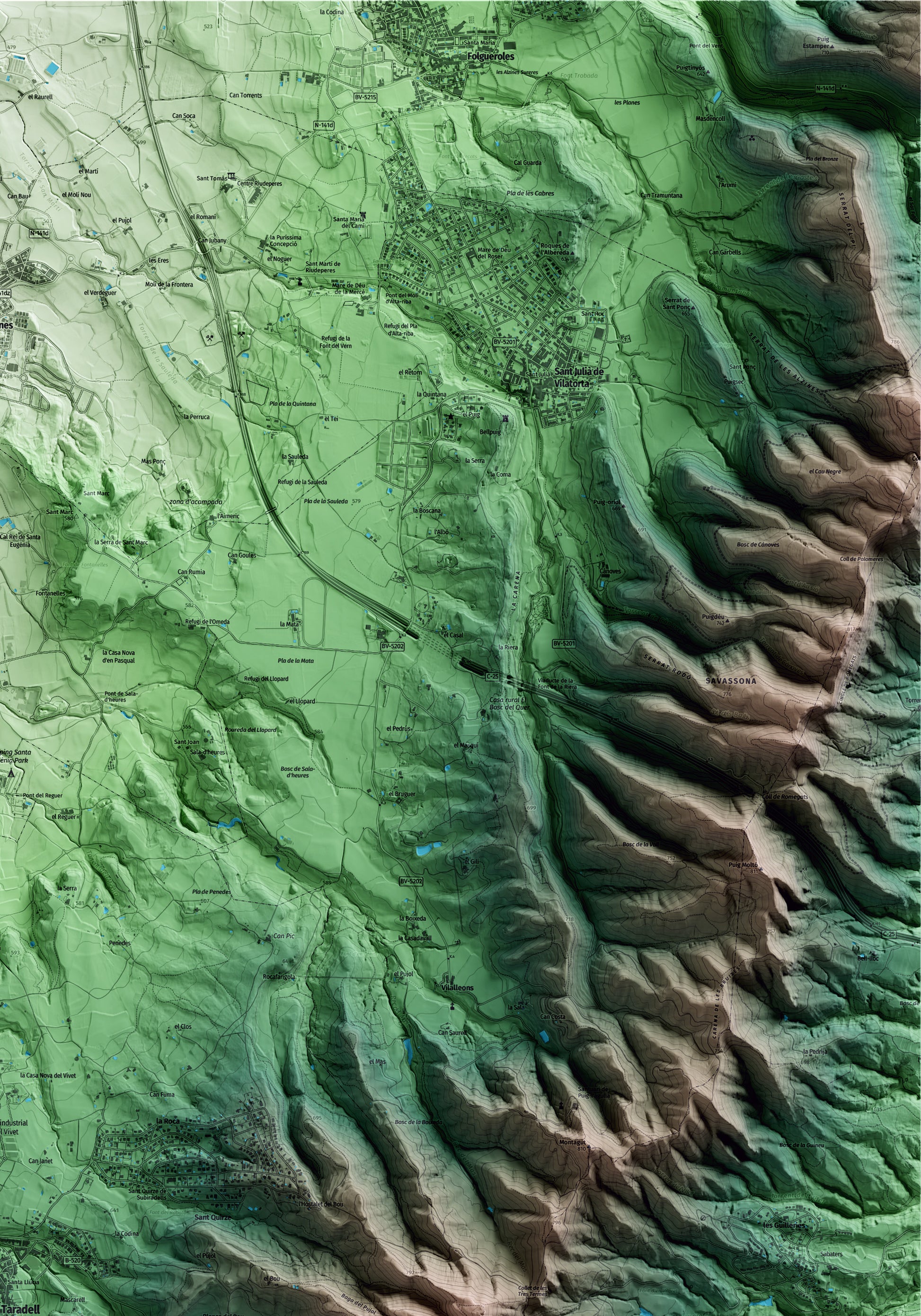 Mapa artístico del relieve de Taradell, a Osona, con 15 km de entorno y base topográfica ICGC. Detalle de la zona superior derecha.