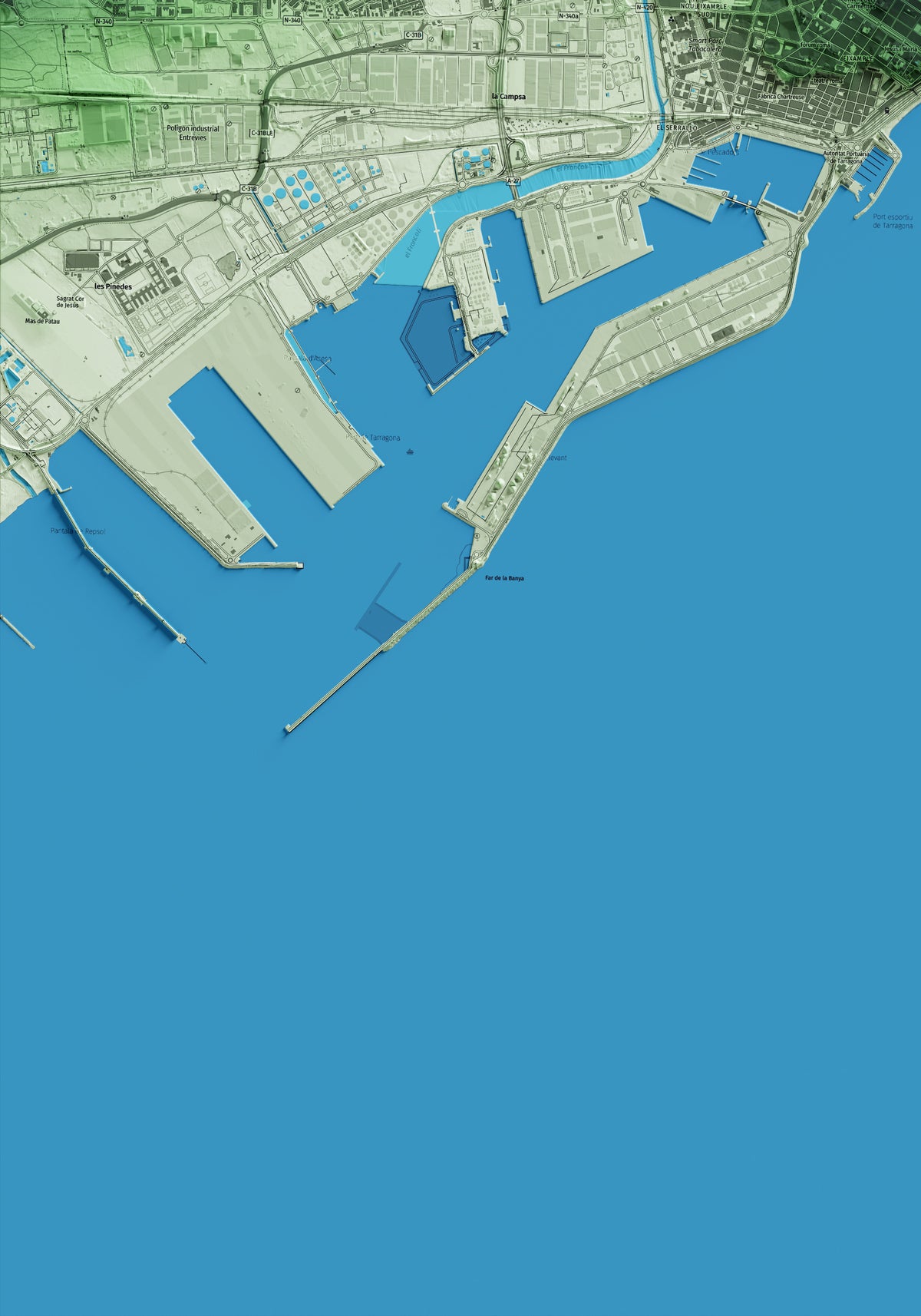 Mapa artístico del relieve de Tarragona, al Tarragonès, con 15 km de entorno y base topográfica ICGC. Detalle de la zona inferior izquierda.
