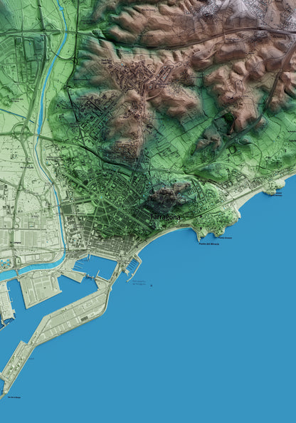 Mapa artístico del relieve de Tarragona, al Tarragonès, con 15 km de entorno y base topográfica ICGC. Detalle de la zona central.