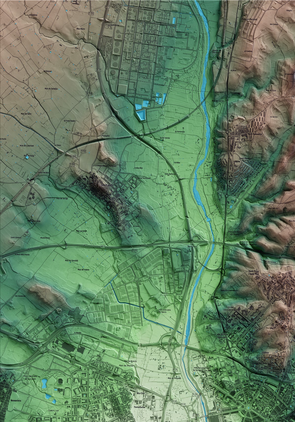 Mapa artístico del relieve de Tarragona, al Tarragonès, con 15 km de entorno y base topográfica ICGC. Detalle de la zona superior izquierda.