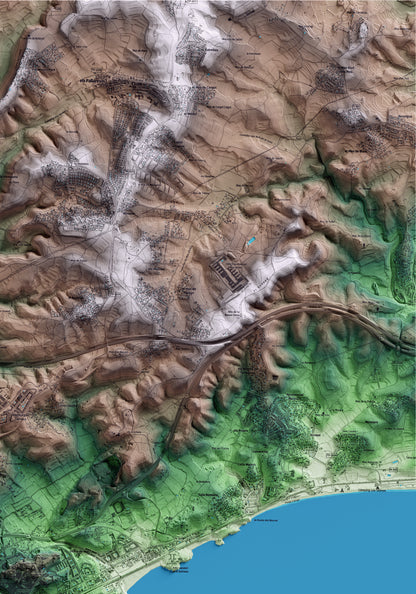 Mapa artístico del relieve de Tarragona, al Tarragonès, con 15 km de entorno y base topográfica ICGC. Detalle de la zona superior derecha.