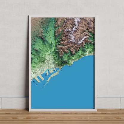 Mapa artístico del relieve de Tarragona, al Tarragonès, con 15 km de entorno y base topográfica ICGC. Presentación enmarcada.