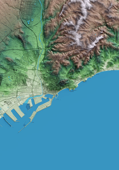 Mapa artístico del relieve de Tarragona, al Tarragonès, con 15 km de entorno y base topográfica ICGC