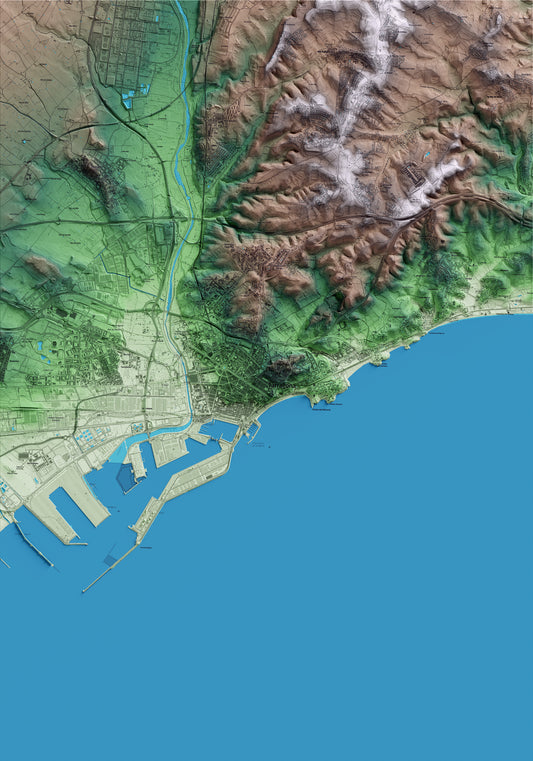 Mapa artístico del relieve de Tarragona, al Tarragonès, con 15 km de entorno y base topográfica ICGC