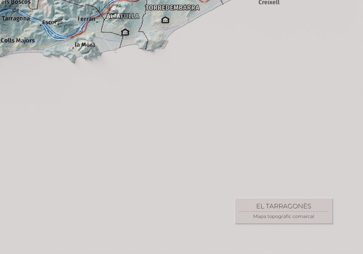 Mapa de relieve del Tarragonès, con el territorio en color y el entorno en blanco. Detalle de la zona inferior derecha. 21 × 30 cm. Estilo Azul y naranja.