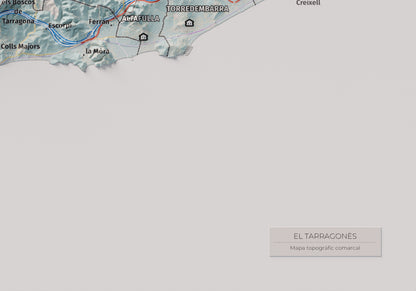 Mapa de relieve del Tarragonès, con el territorio en color y el entorno en blanco. Detalle de la zona inferior derecha. 21 × 30 cm. Estilo Azul y naranja.