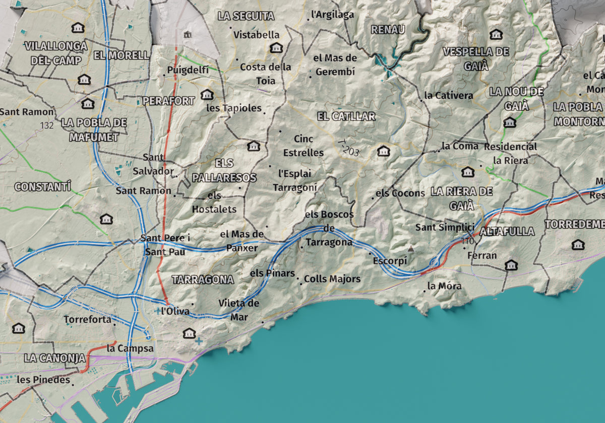 Mapa de relieve del Tarragonès, con el territorio en color y el entorno en blanco. Detalle de la zona central. 21 × 30 cm. Estilo Cartográfico.