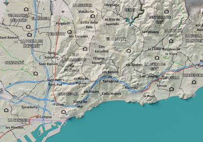 Mapa de relieve del Tarragonès, con el territorio en color y el entorno en blanco. Detalle de la zona central. 21 × 30 cm. Estilo Cartográfico.