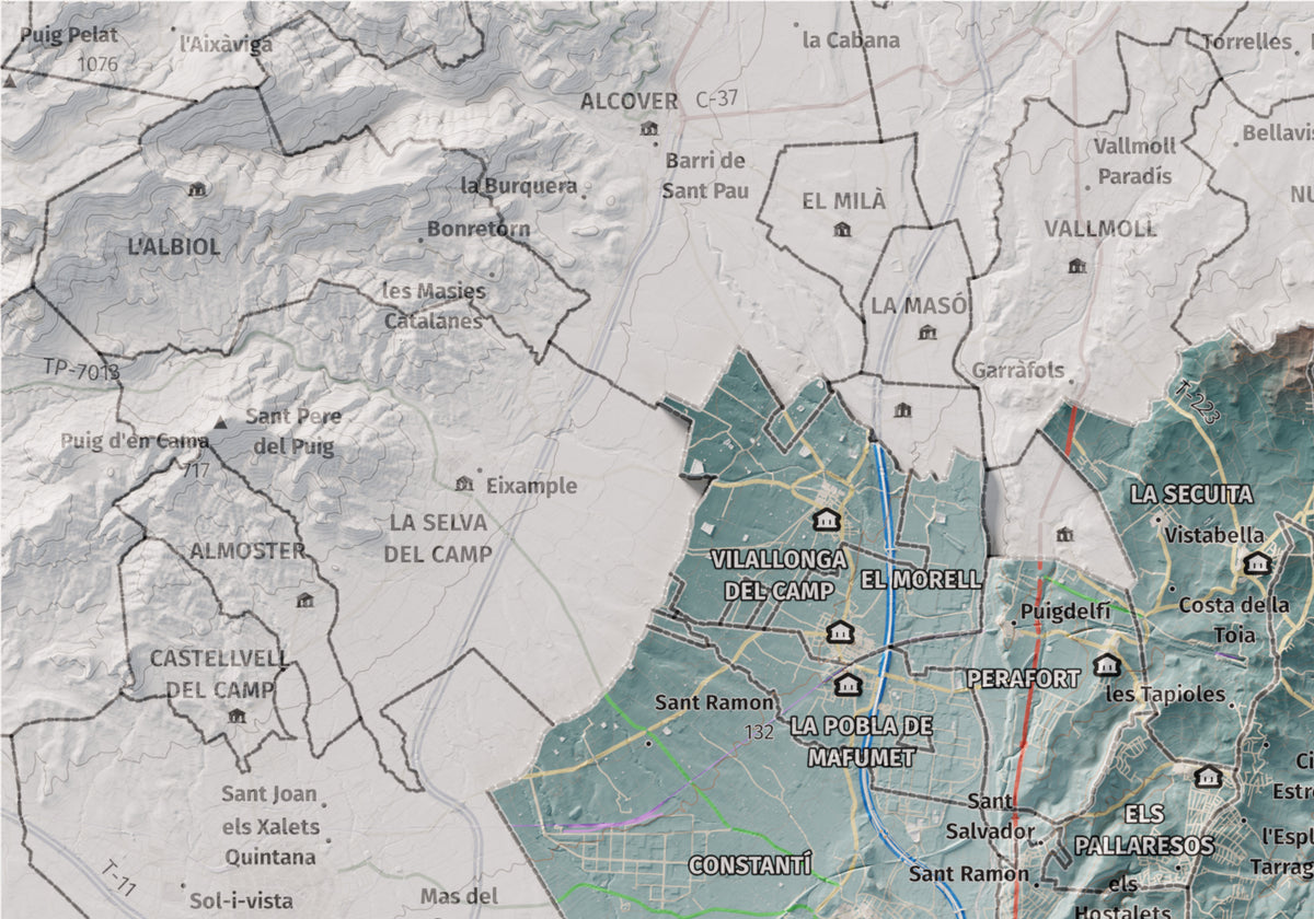 Mapa de relieve del Tarragonès, con el territorio en color y el entorno en blanco. Detalle de la zona superior izquierda. 21 × 30 cm. Estilo Azul y naranja.