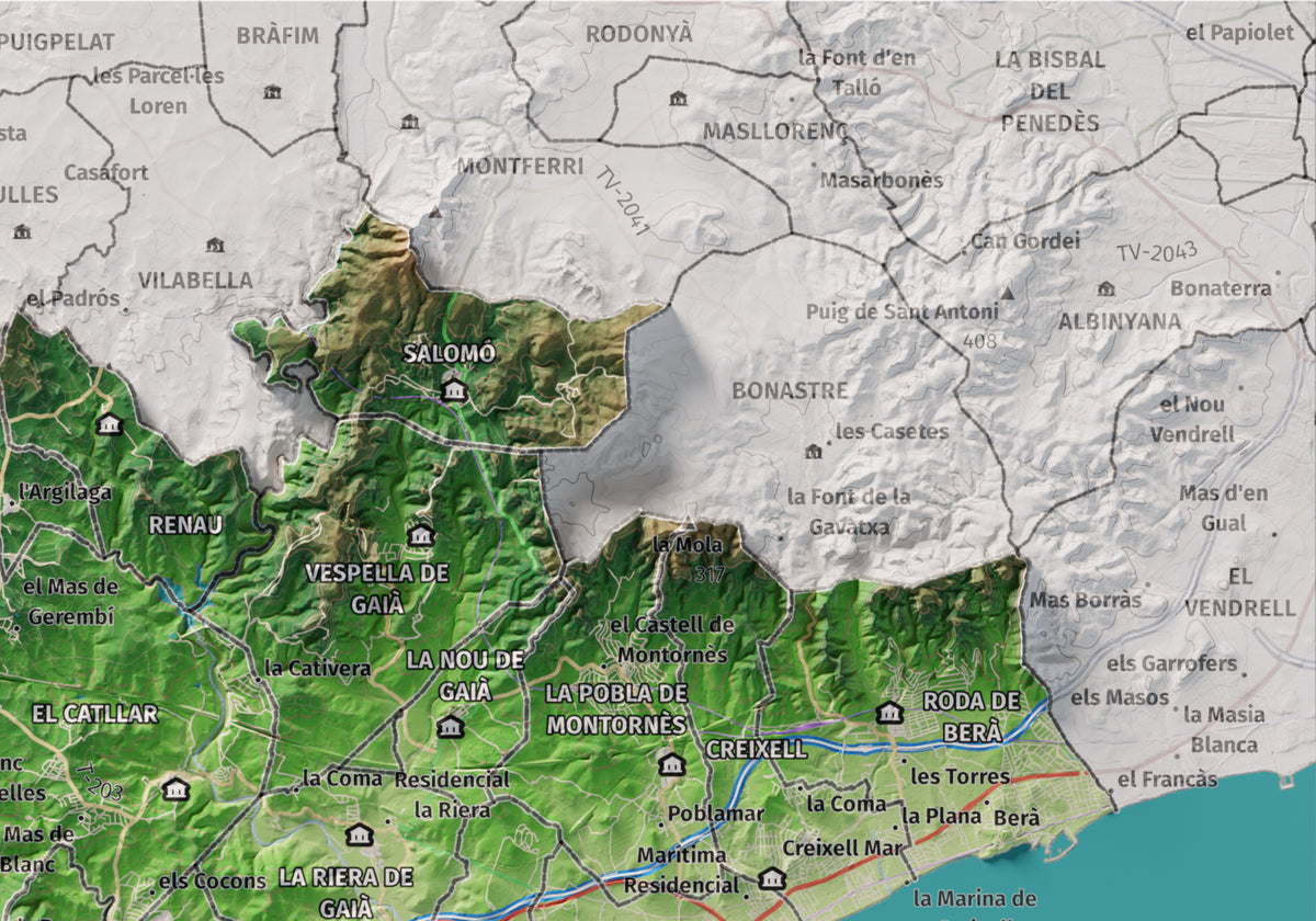 Mapa de relieve del Tarragonès, con el territorio en color y el entorno en blanco. Detalle de la zona superior derecha. 21 × 30 cm. Estilo Clásico.