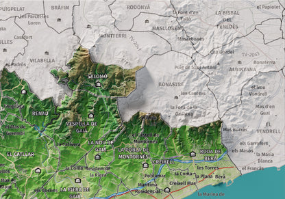Mapa de relieve del Tarragonès, con el territorio en color y el entorno en blanco. Detalle de la zona superior derecha. 21 × 30 cm. Estilo Clásico.