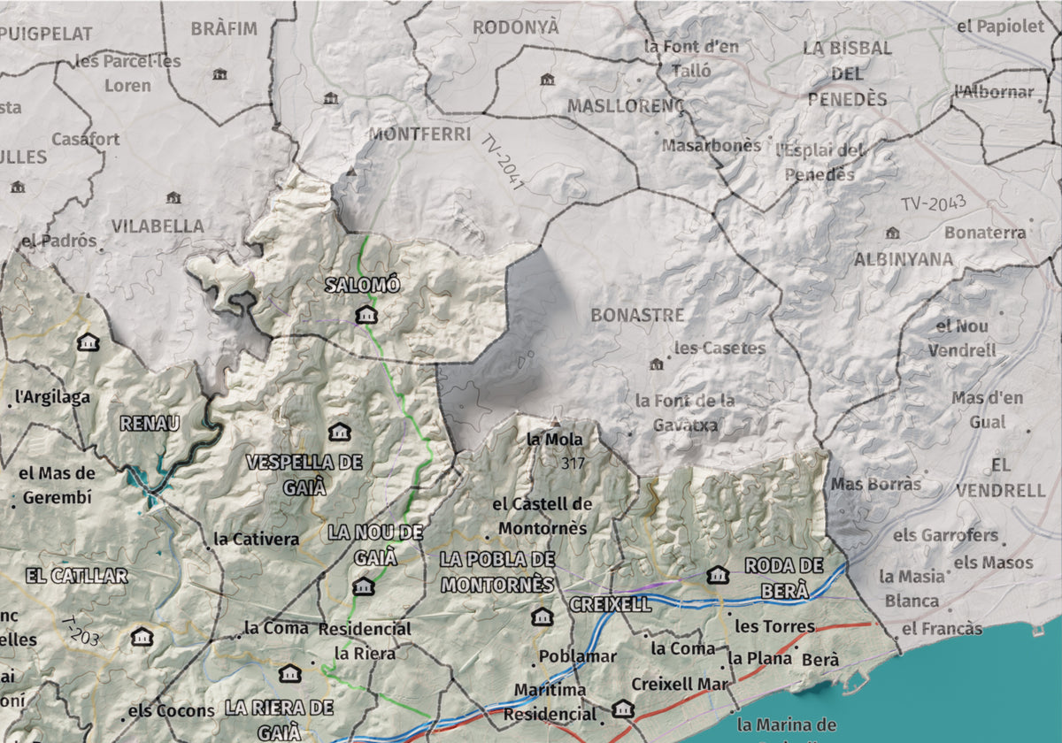 Mapa de relieve del Tarragonès, con el territorio en color y el entorno en blanco. Detalle de la zona superior derecha. 21 × 30 cm. Estilo Cartográfico.