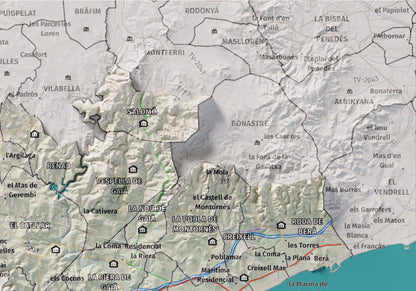 Mapa de relieve del Tarragonès, con el territorio en color y el entorno en blanco. Detalle de la zona superior derecha. 21 × 30 cm. Estilo Cartográfico.