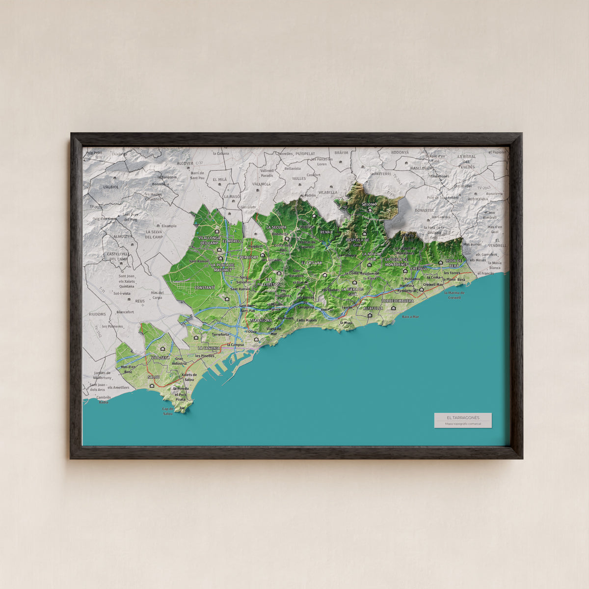 Mapa de relieve del Tarragonès, con el territorio en color y el entorno en blanco. Presentación con marco. 21 × 30 cm. Estilo Clásico.