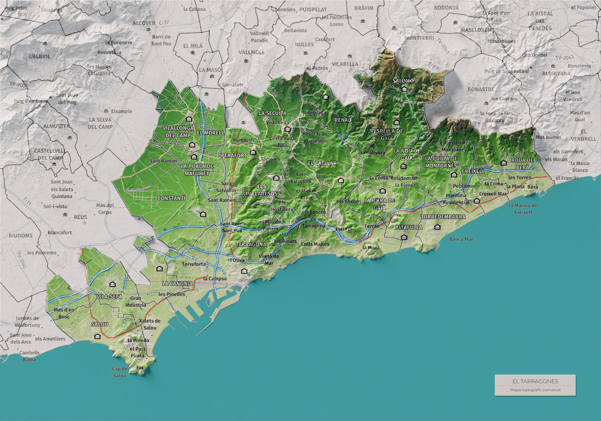 Mapa de relieve del Tarragonès, con el territorio en color y el entorno en blanco. Vista completa de la lámina. 21 × 30 cm. Estilo Clásico.