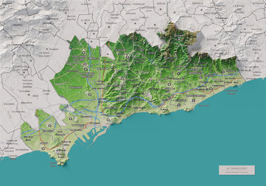 Mapa de relieve del Tarragonès, con el territorio en color y el entorno en blanco. Vista completa de la lámina. 21 × 30 cm. Estilo Clásico.