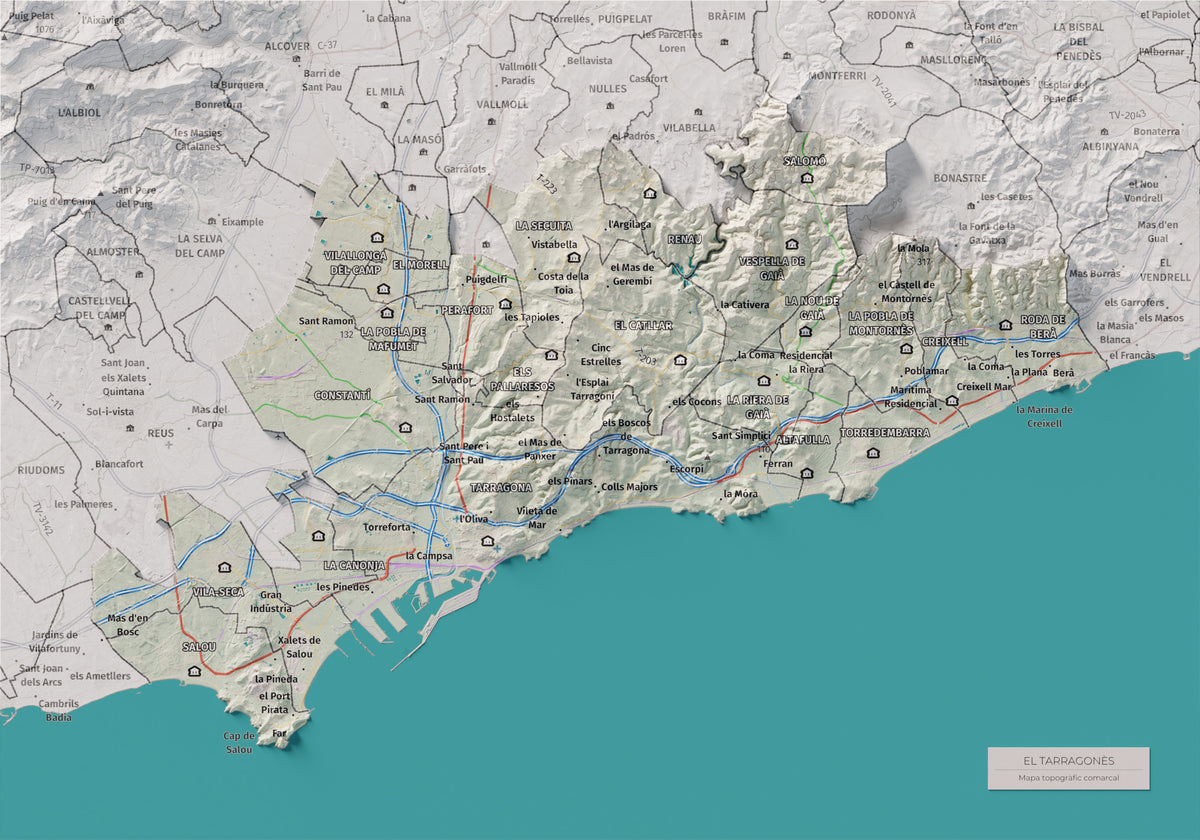 Mapa de relieve del Tarragonès, con el territorio en color y el entorno en blanco. Vista completa de la lámina. 21 × 30 cm. Estilo Cartográfico.