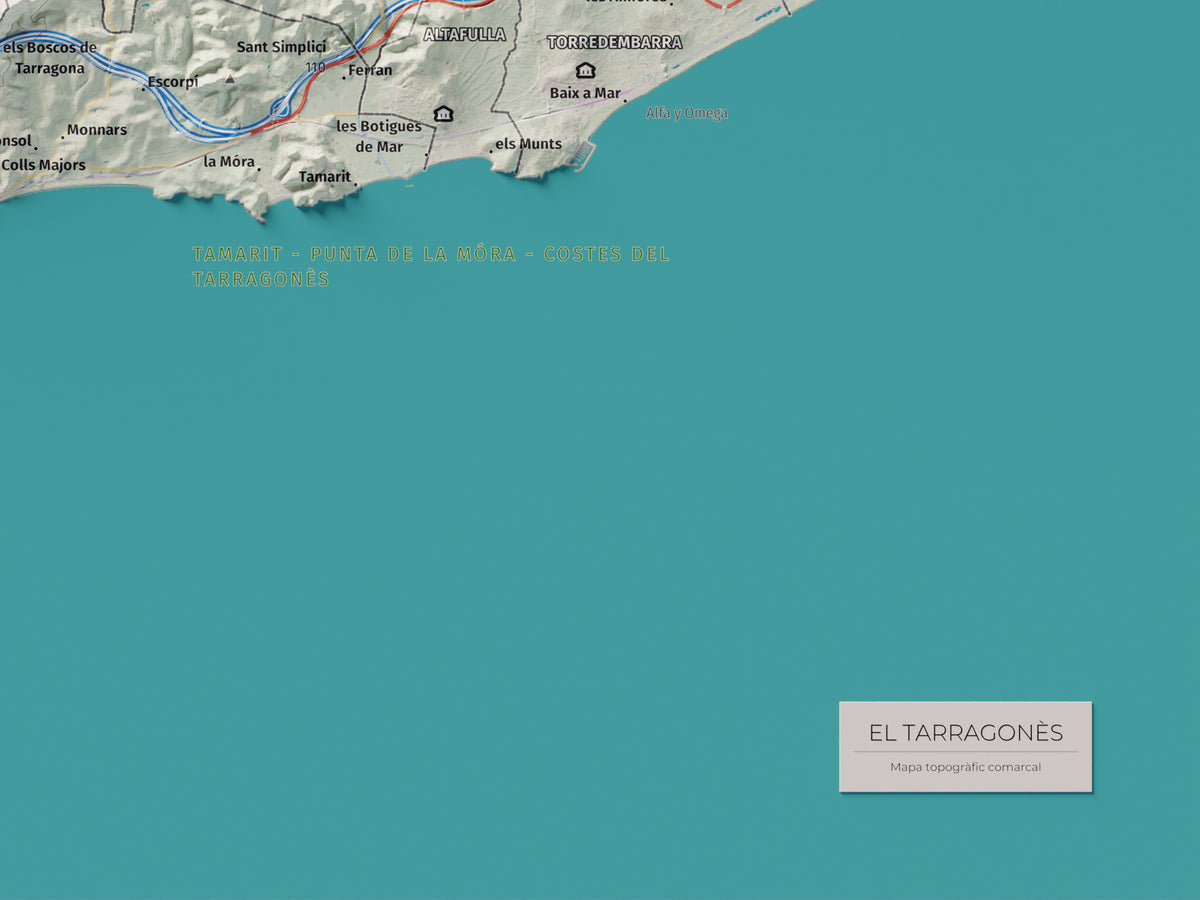 Mapa de relieve del Tarragonès, con el territorio en color y el entorno en blanco. Detalle de la zona inferior derecha. 30 × 40 cm. Estilo Cartográfico.
