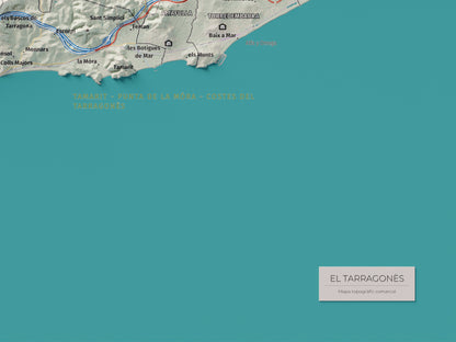Mapa de relieve del Tarragonès, con el territorio en color y el entorno en blanco. Detalle de la zona inferior derecha. 30 × 40 cm. Estilo Cartográfico.