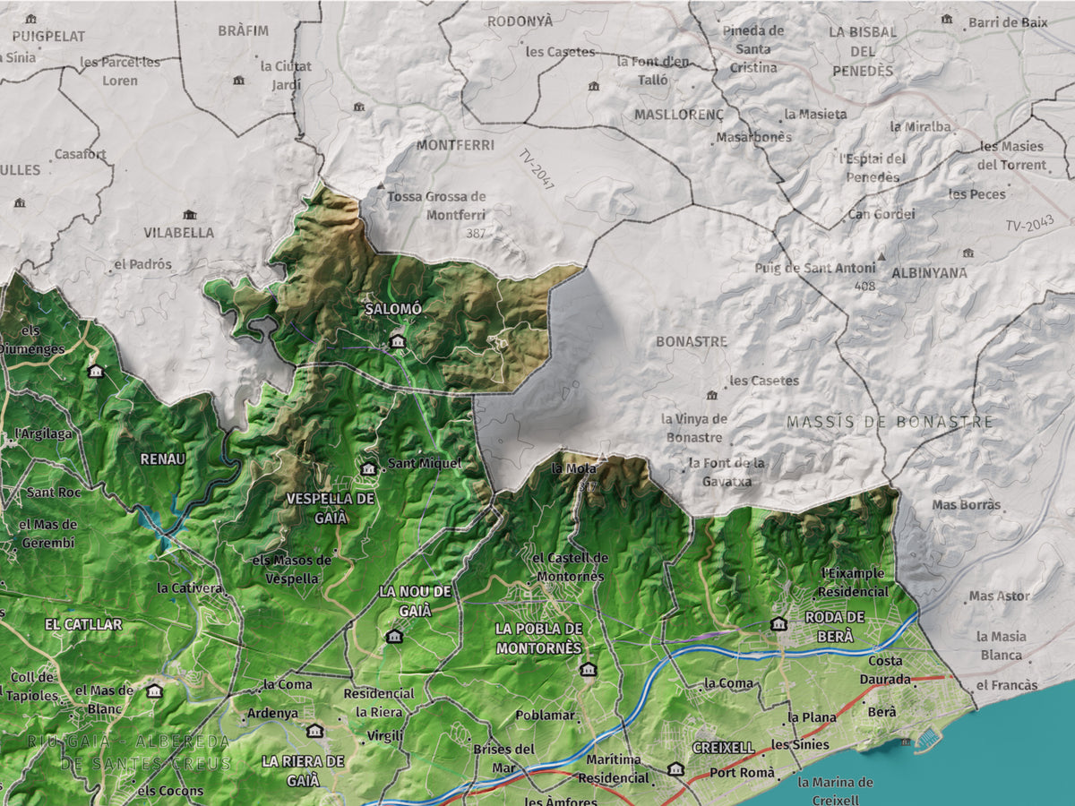 Mapa de relieve del Tarragonès, con el territorio en color y el entorno en blanco. Detalle de la zona superior derecha. 30 × 40 cm. Estilo Clásico.