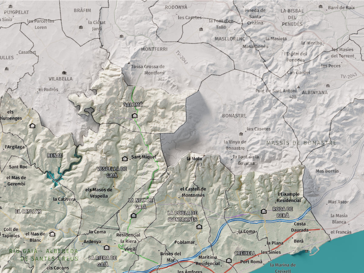 Mapa de relieve del Tarragonès, con el territorio en color y el entorno en blanco. Detalle de la zona superior derecha. 30 × 40 cm. Estilo Cartográfico.