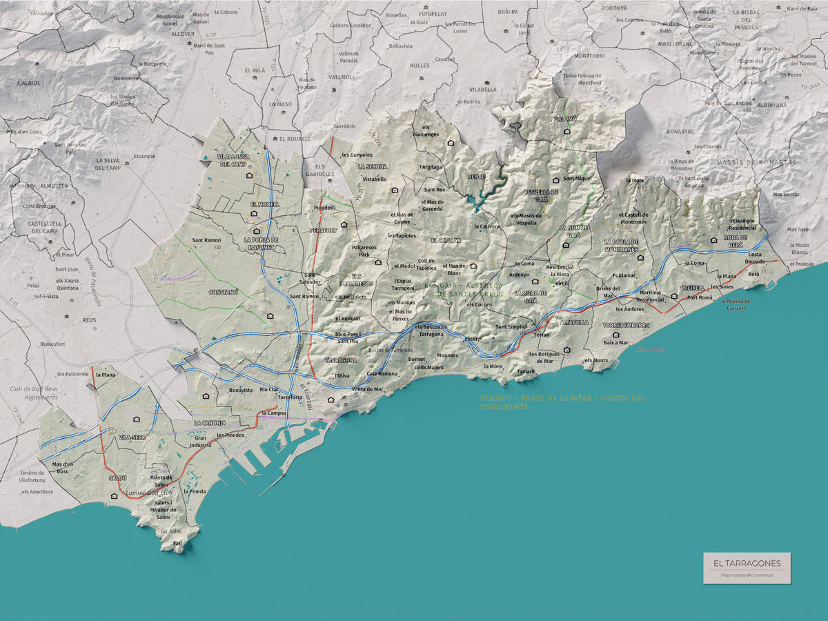 Mapa de relieve del Tarragonès, con el territorio en color y el entorno en blanco. Vista completa de la lámina. 30 × 40 cm. Estilo Cartográfico.