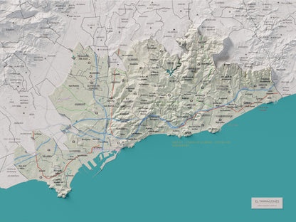 Mapa de relieve del Tarragonès, con el territorio en color y el entorno en blanco. Vista completa de la lámina. 30 × 40 cm. Estilo Cartográfico.