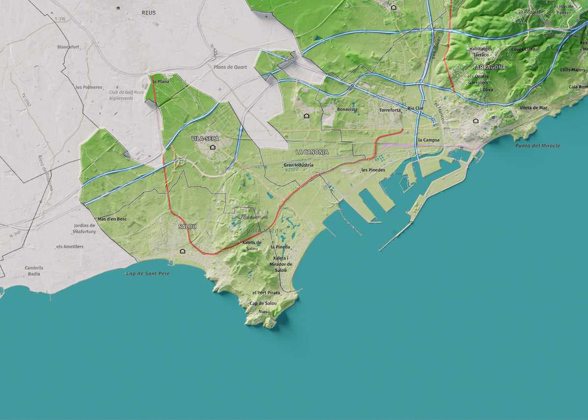 Mapa de relieve del Tarragonès, con el territorio en color y el entorno en blanco. Detalle de la zona inferior izquierda. 50 × 70 cm. Estilo Clásico.