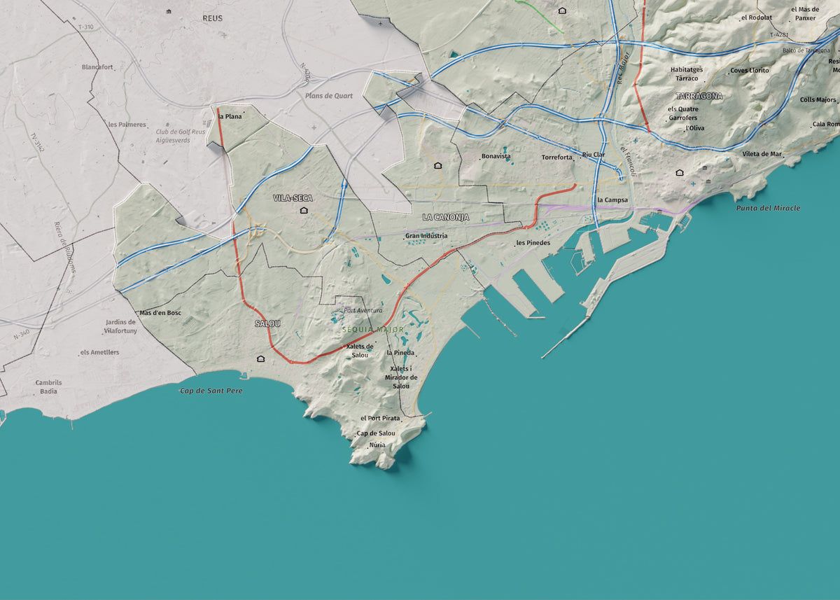Mapa de relieve del Tarragonès, con el territorio en color y el entorno en blanco. Detalle de la zona inferior izquierda. 50 × 70 cm. Estilo Cartográfico.