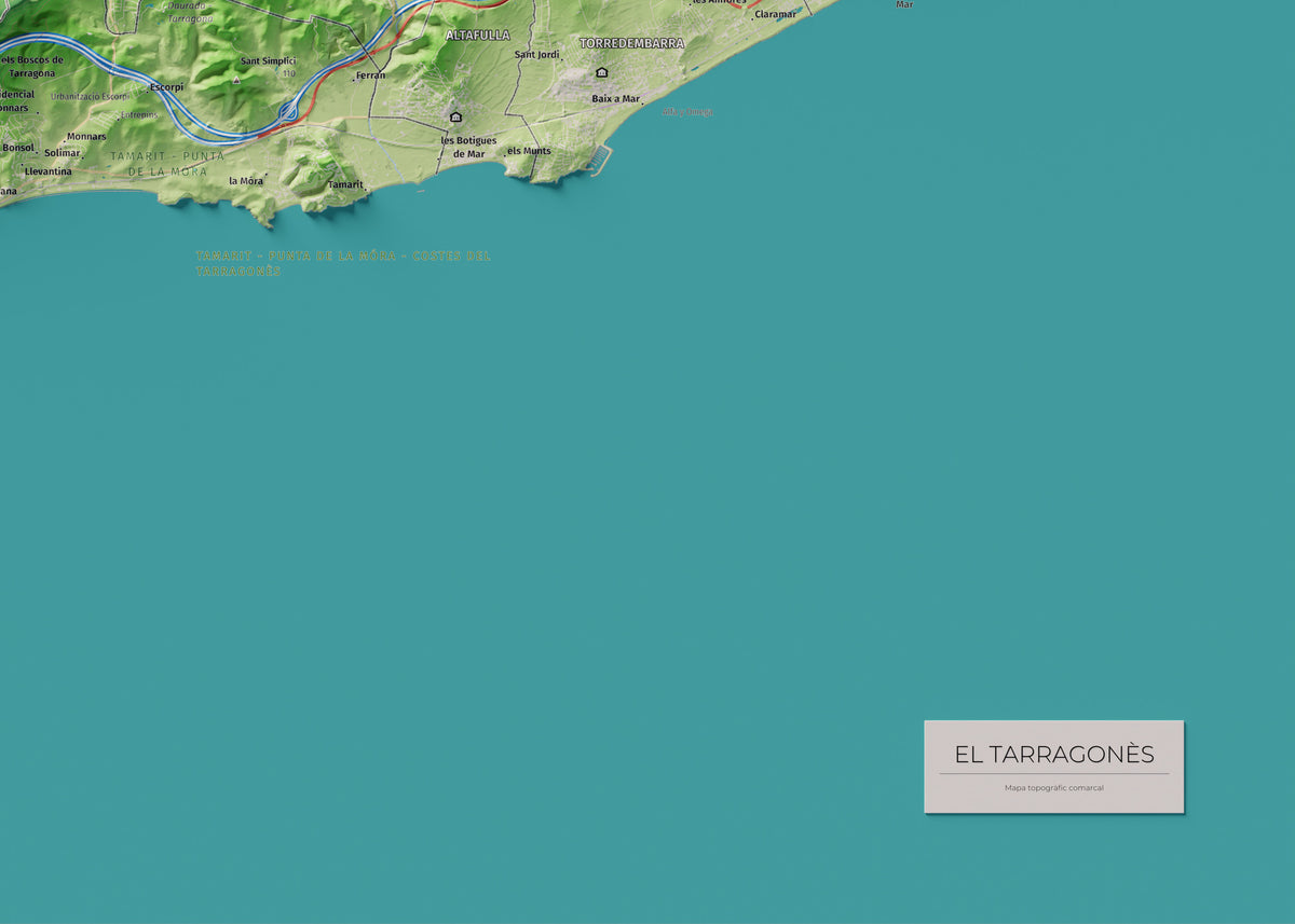 Mapa de relieve del Tarragonès, con el territorio en color y el entorno en blanco. Detalle de la zona inferior derecha. 50 × 70 cm. Estilo Clásico.