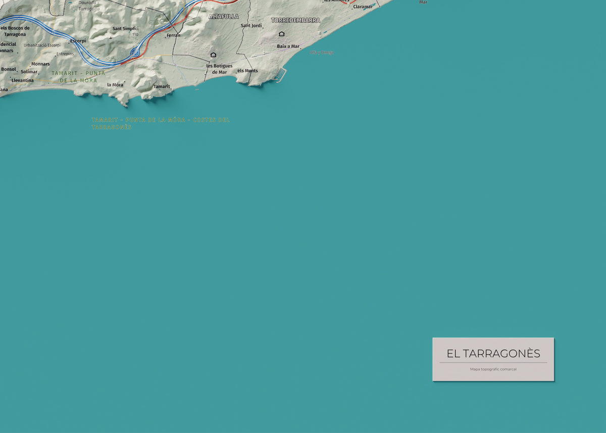 Mapa de relieve del Tarragonès, con el territorio en color y el entorno en blanco. Detalle de la zona inferior derecha. 50 × 70 cm. Estilo Cartográfico.