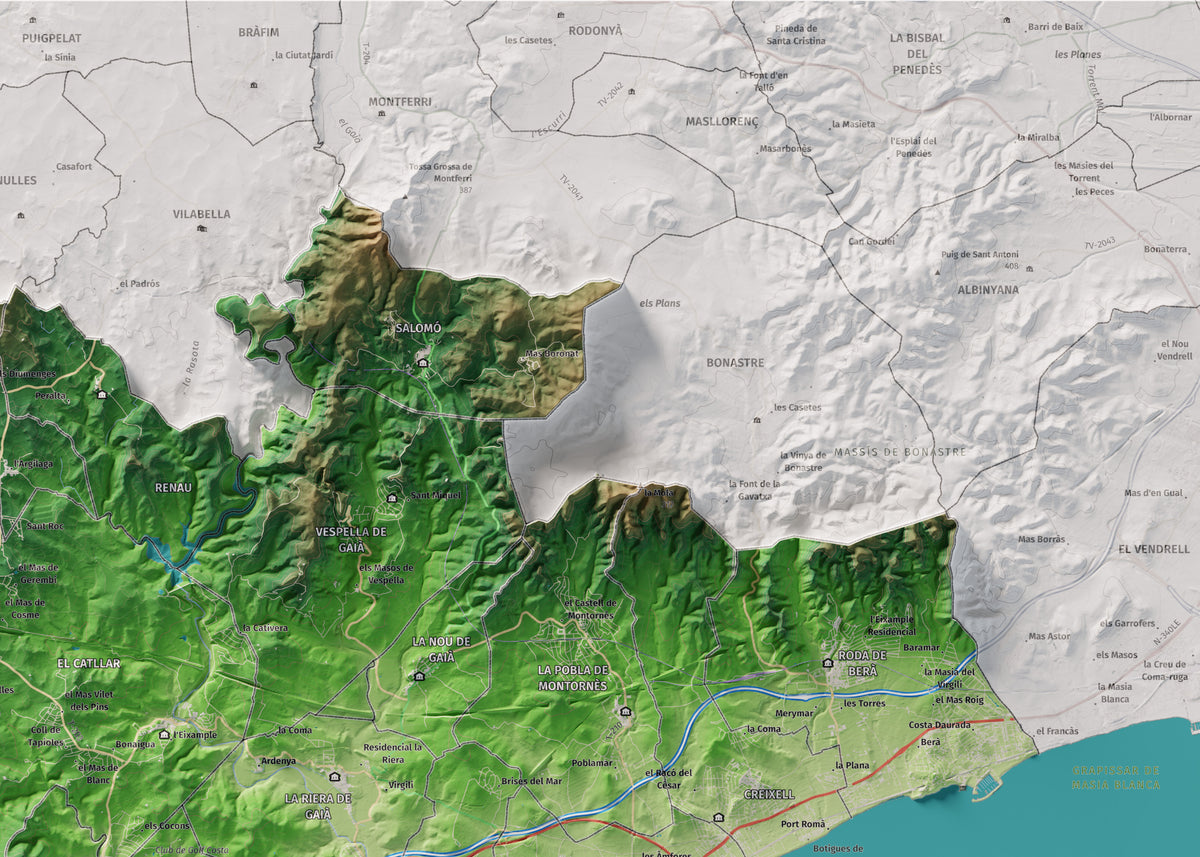 Mapa de relieve del Tarragonès, con el territorio en color y el entorno en blanco. Detalle de la zona superior derecha. 50 × 70 cm. Estilo Clásico.