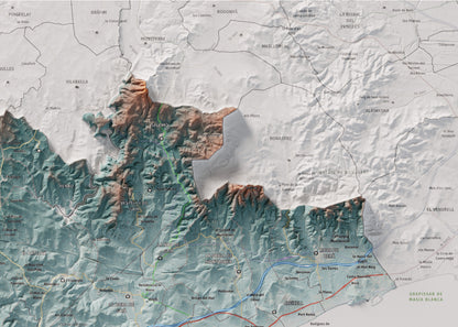Mapa de relieve del Tarragonès, con el territorio en color y el entorno en blanco. Detalle de la zona superior derecha. 50 × 70 cm. Estilo Azul y naranja.