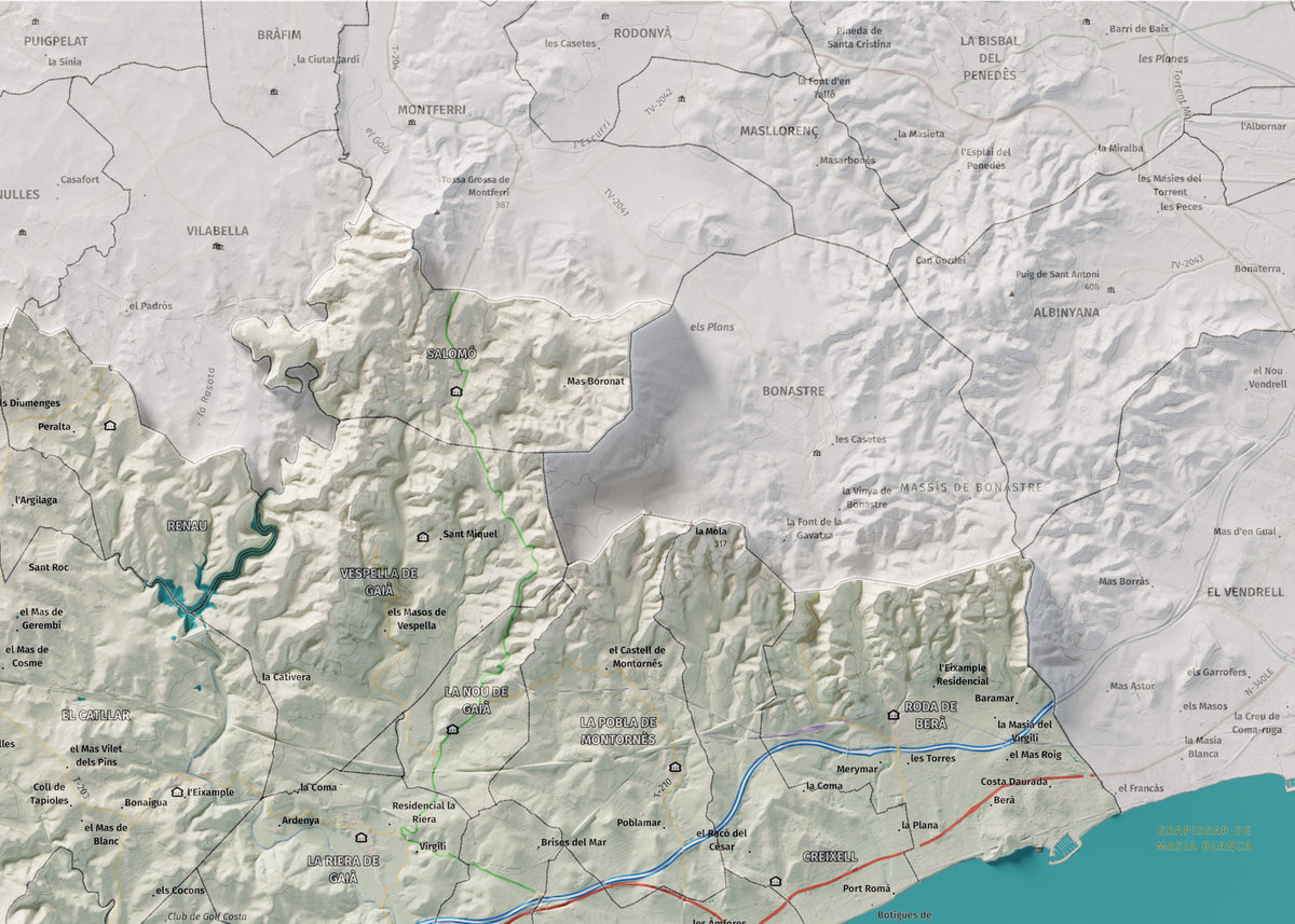 Mapa de relieve del Tarragonès, con el territorio en color y el entorno en blanco. Detalle de la zona superior derecha. 50 × 70 cm. Estilo Cartográfico.