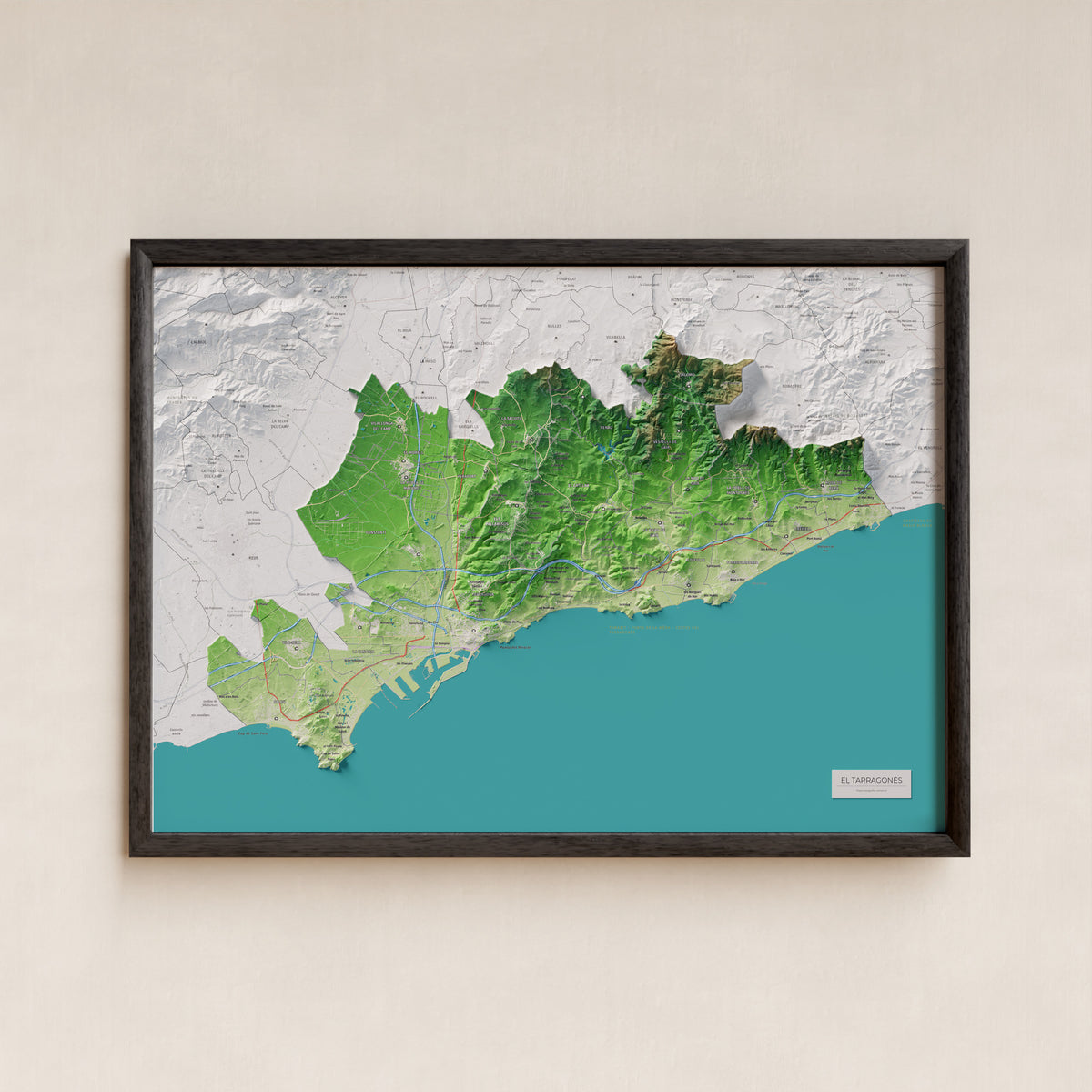Mapa de relieve del Tarragonès, con el territorio en color y el entorno en blanco. Presentación con marco. 50 × 70 cm. Estilo Clásico.