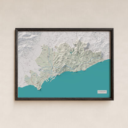 Mapa de relieve del Tarragonès, con el territorio en color y el entorno en blanco. Presentación con marco. 50 × 70 cm. Estilo Cartográfico.
