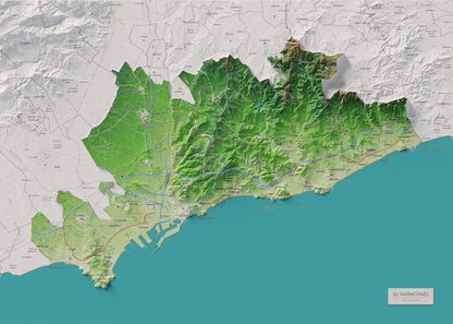 Mapa de relieve del Tarragonès, con el territorio en color y el entorno en blanco. Vista completa de la lámina. 50 × 70 cm. Estilo Clásico.