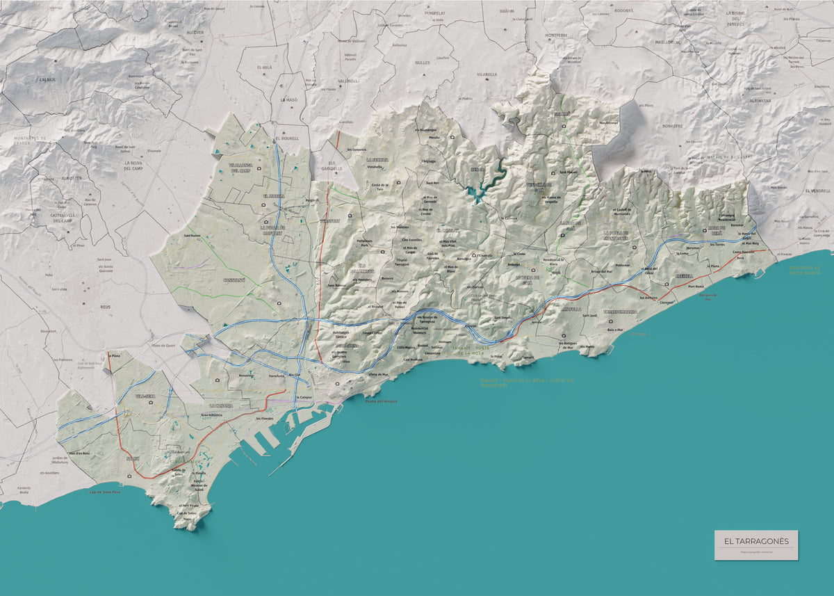 Mapa de relieve del Tarragonès, con el territorio en color y el entorno en blanco. Vista completa de la lámina. 50 × 70 cm. Estilo Cartográfico.