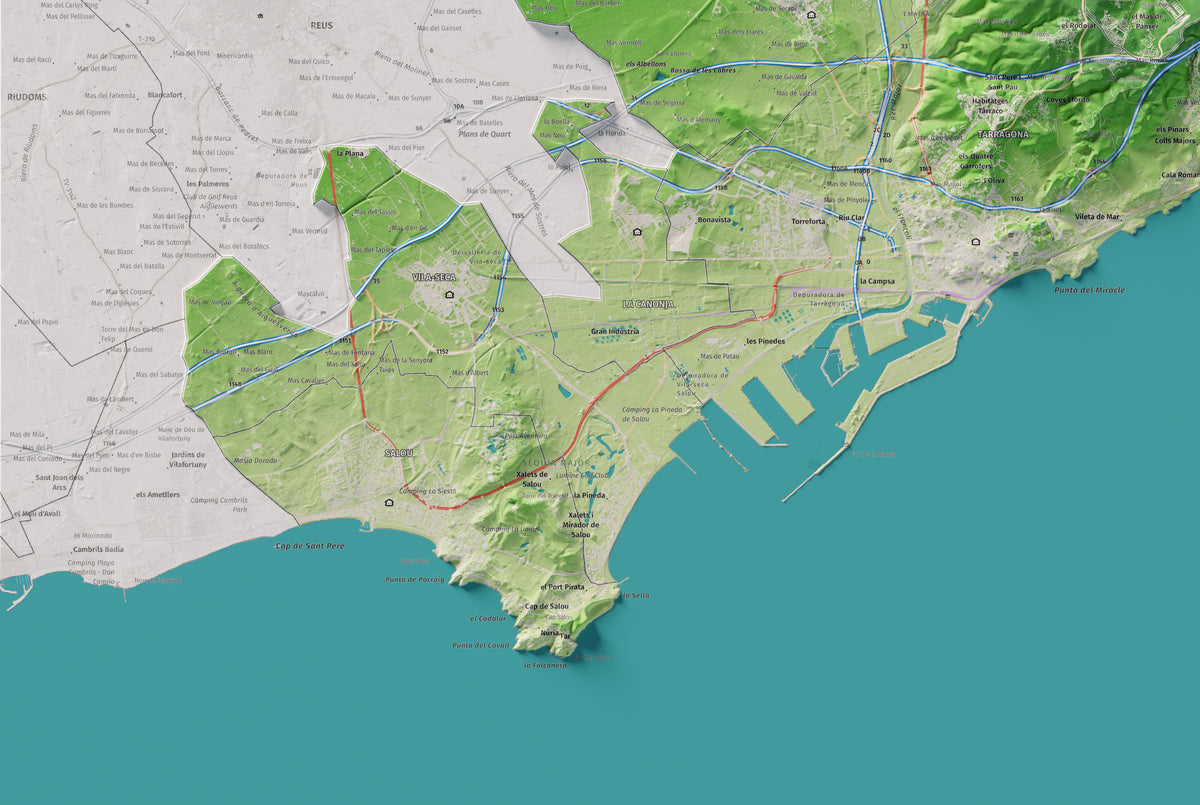 Mapa de relieve del Tarragonès, con el territorio en color y el entorno en blanco. Detalle de la zona inferior izquierda. 61 × 91 cm. Estilo Clásico.
