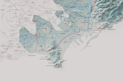 Mapa de relieve del Tarragonès, con el territorio en color y el entorno en blanco. Detalle de la zona inferior izquierda. 61 × 91 cm. Estilo Azul y naranja.