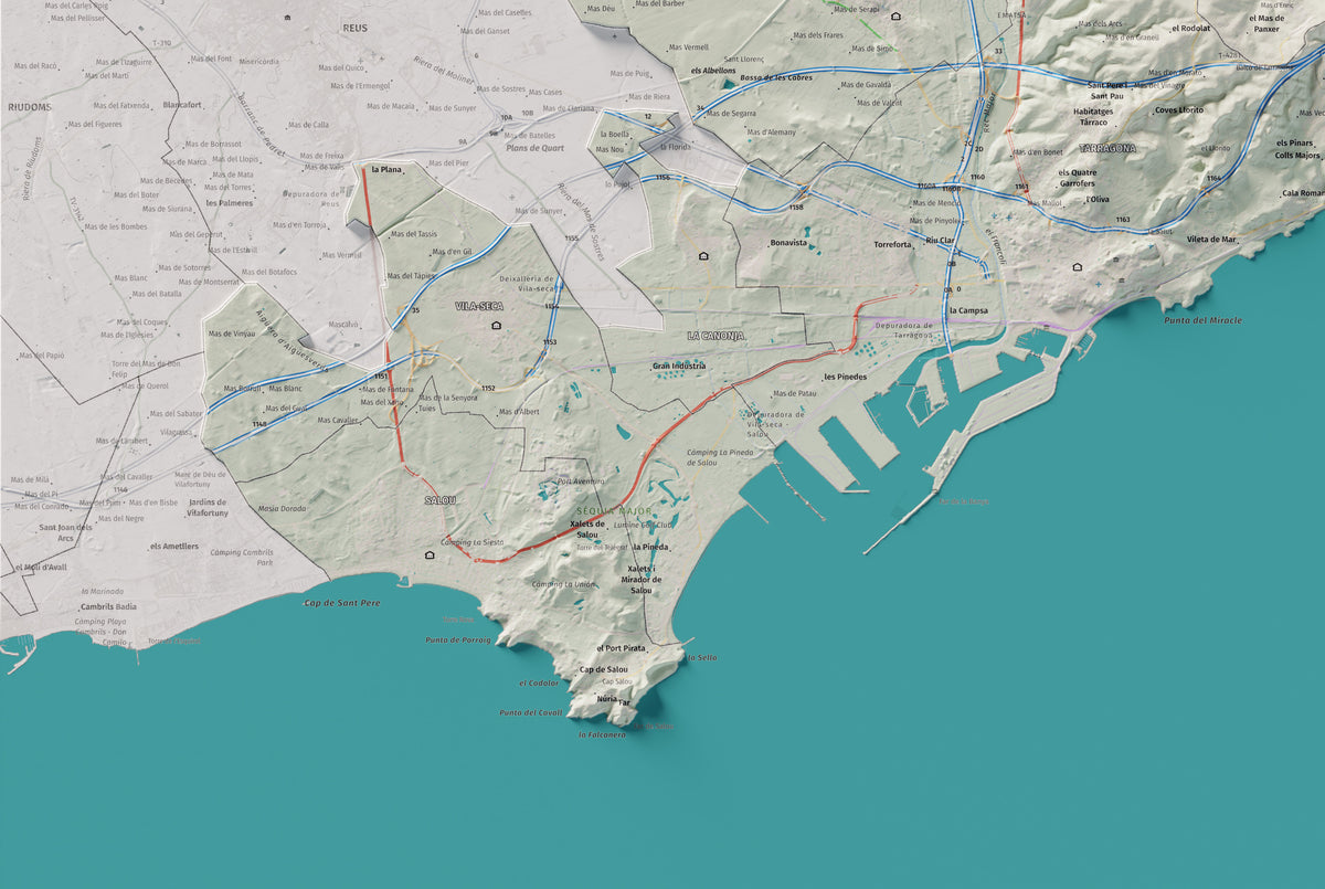 Mapa de relieve del Tarragonès, con el territorio en color y el entorno en blanco. Detalle de la zona inferior izquierda. 61 × 91 cm. Estilo Cartográfico.