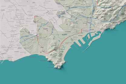 Mapa de relieve del Tarragonès, con el territorio en color y el entorno en blanco. Detalle de la zona inferior izquierda. 61 × 91 cm. Estilo Cartográfico.