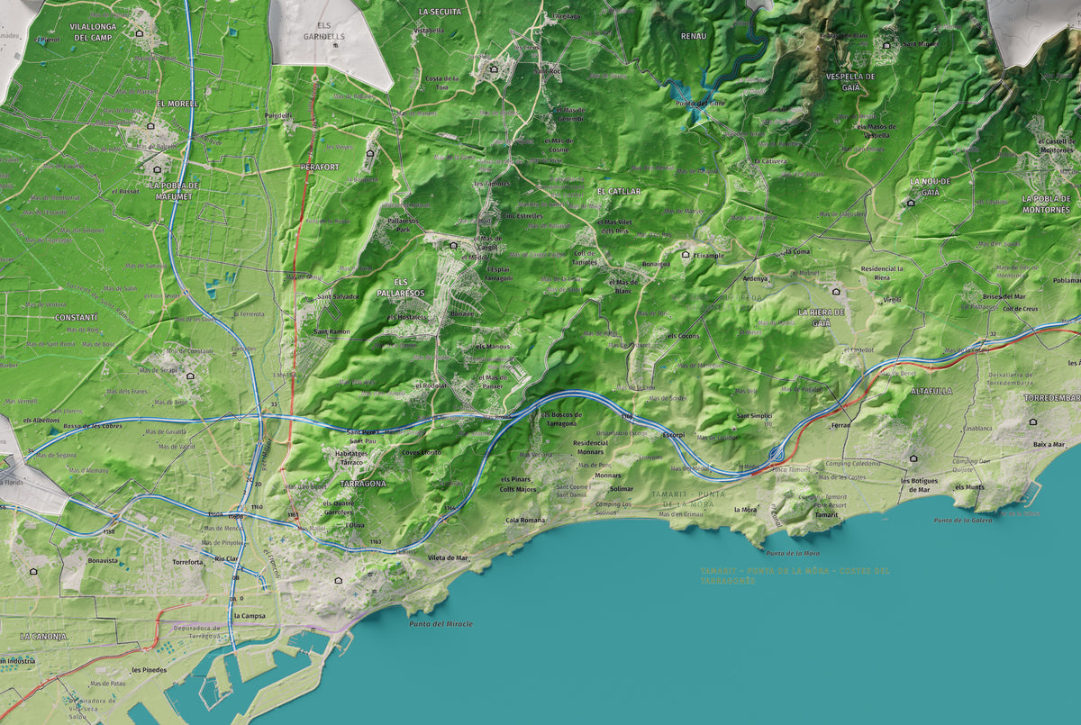 Mapa de relieve del Tarragonès, con el territorio en color y el entorno en blanco. Detalle de la zona central. 61 × 91 cm. Estilo Clásico.