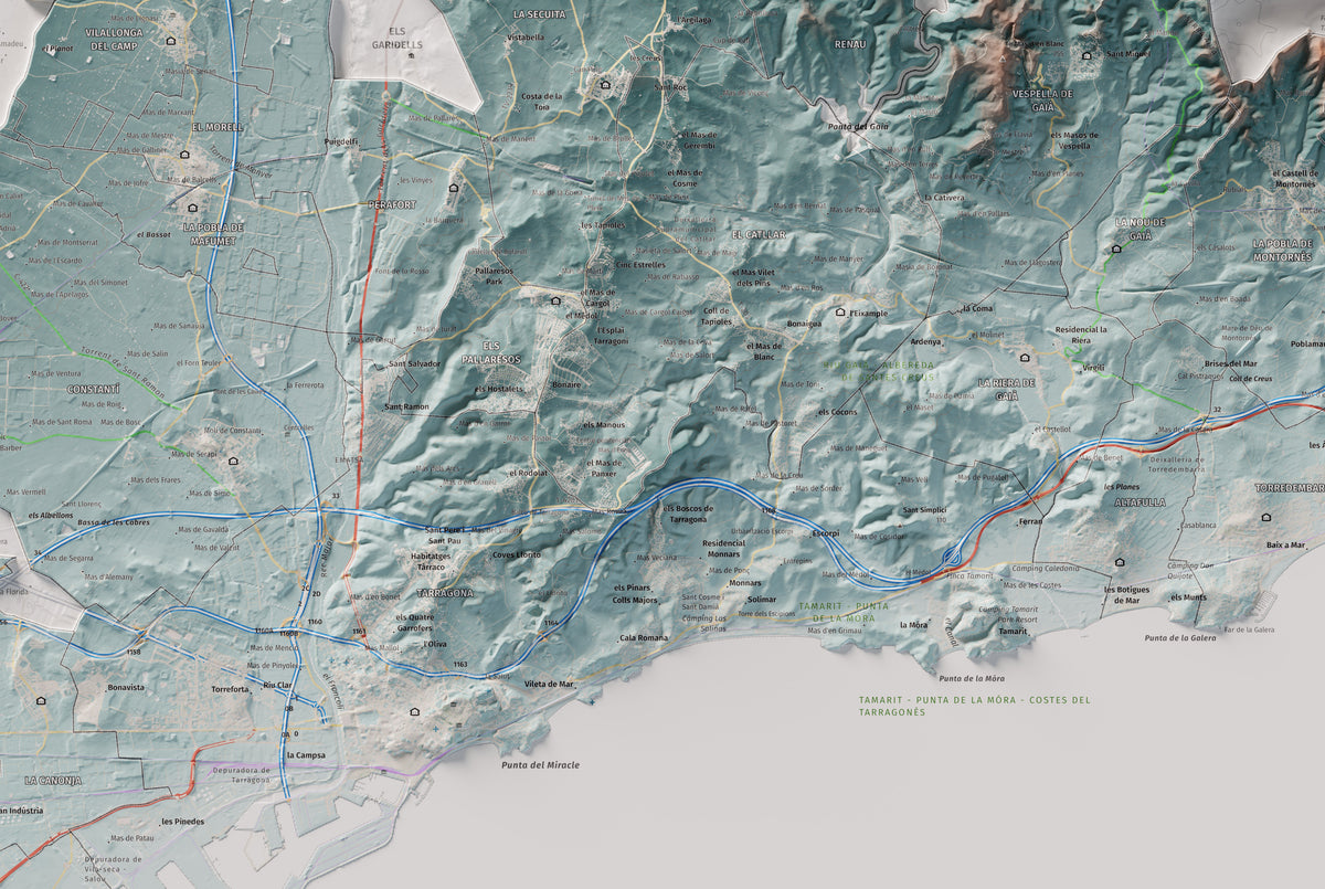 Mapa de relieve del Tarragonès, con el territorio en color y el entorno en blanco. Detalle de la zona central. 61 × 91 cm. Estilo Azul y naranja.
