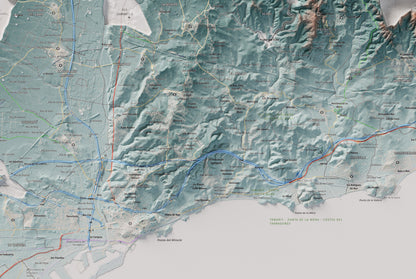 Mapa de relieve del Tarragonès, con el territorio en color y el entorno en blanco. Detalle de la zona central. 61 × 91 cm. Estilo Azul y naranja.