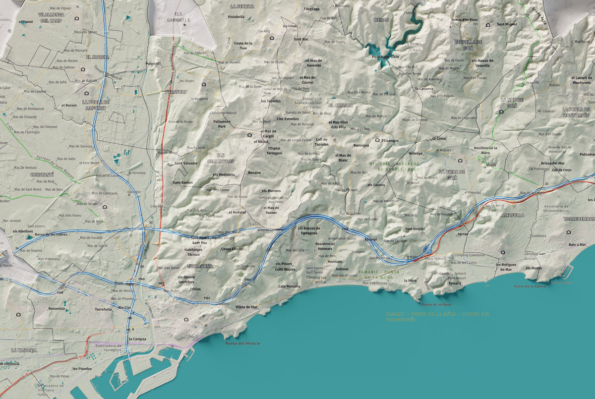 Mapa de relieve del Tarragonès, con el territorio en color y el entorno en blanco. Detalle de la zona central. 61 × 91 cm. Estilo Cartográfico.