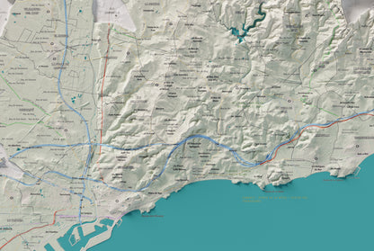 Mapa de relieve del Tarragonès, con el territorio en color y el entorno en blanco. Detalle de la zona central. 61 × 91 cm. Estilo Cartográfico.