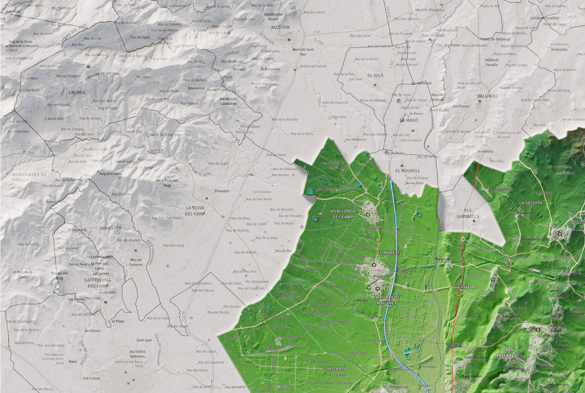 Mapa de relieve del Tarragonès, con el territorio en color y el entorno en blanco. Detalle de la zona superior izquierda. 61 × 91 cm. Estilo Clásico.