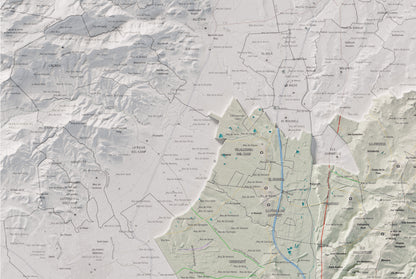 Mapa de relieve del Tarragonès, con el territorio en color y el entorno en blanco. Detalle de la zona superior izquierda. 61 × 91 cm. Estilo Cartográfico.