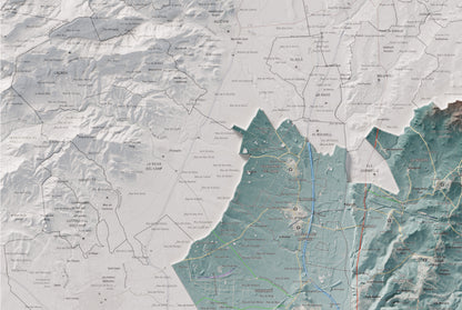 Mapa de relieve del Tarragonès, con el territorio en color y el entorno en blanco. Detalle de la zona superior izquierda. 61 × 91 cm. Estilo Azul y naranja.
